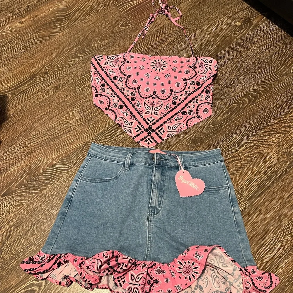 Sugar Thrillz Pink Bandana Halter Top and Denim Skirt Set